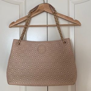 Tory Burch tote bag, tan with diamond pattern and gold accents